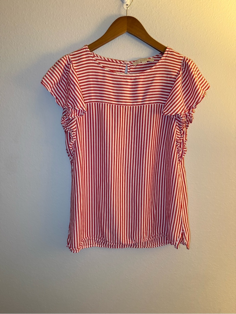 LOFT Red & White Striped Flutter Sleeve Top - Picture 2 of 6